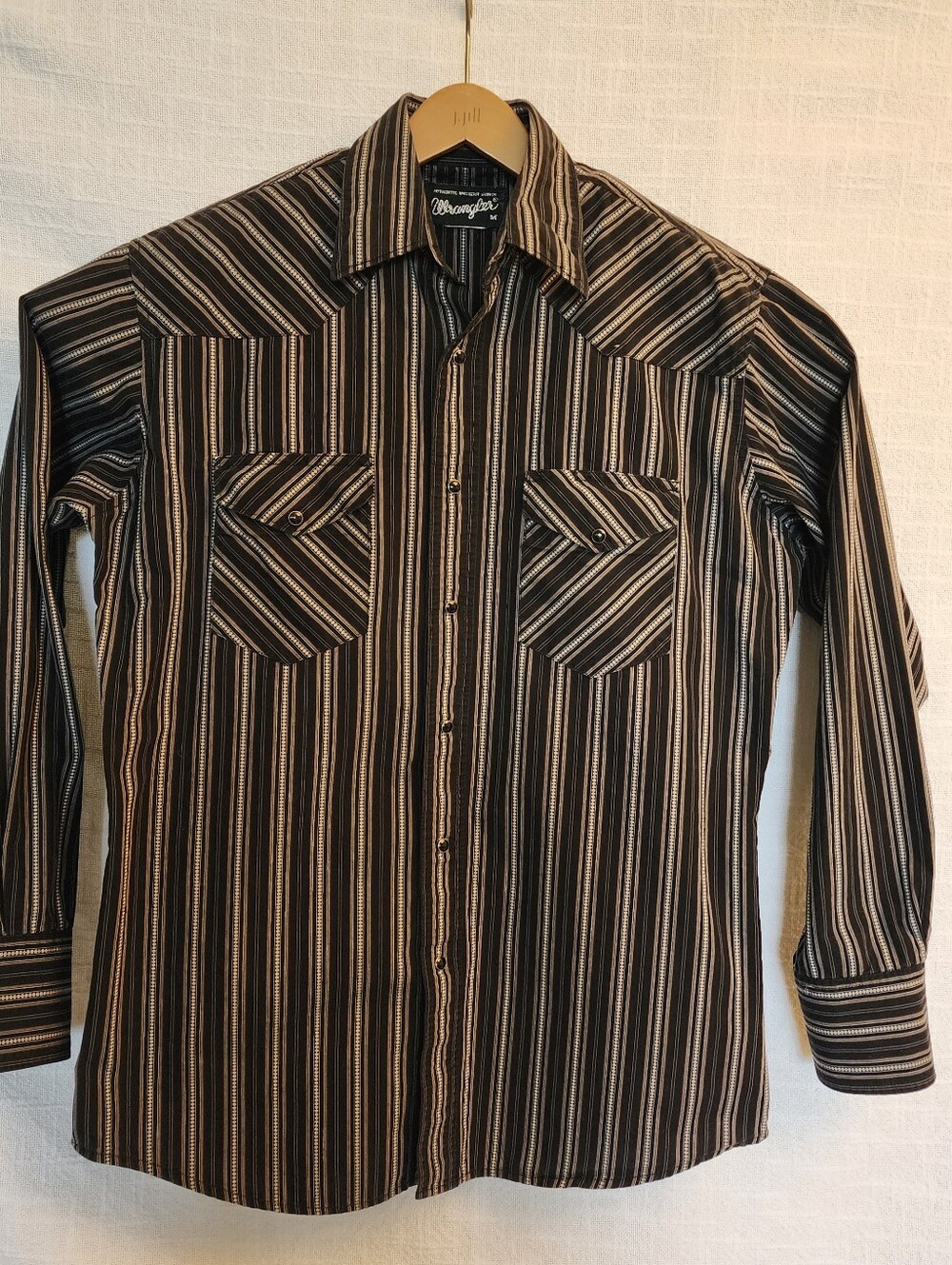 Vintage Wrangler Western Shirt Black/White Striped  Men-Med W/ Pearl Snaps A440